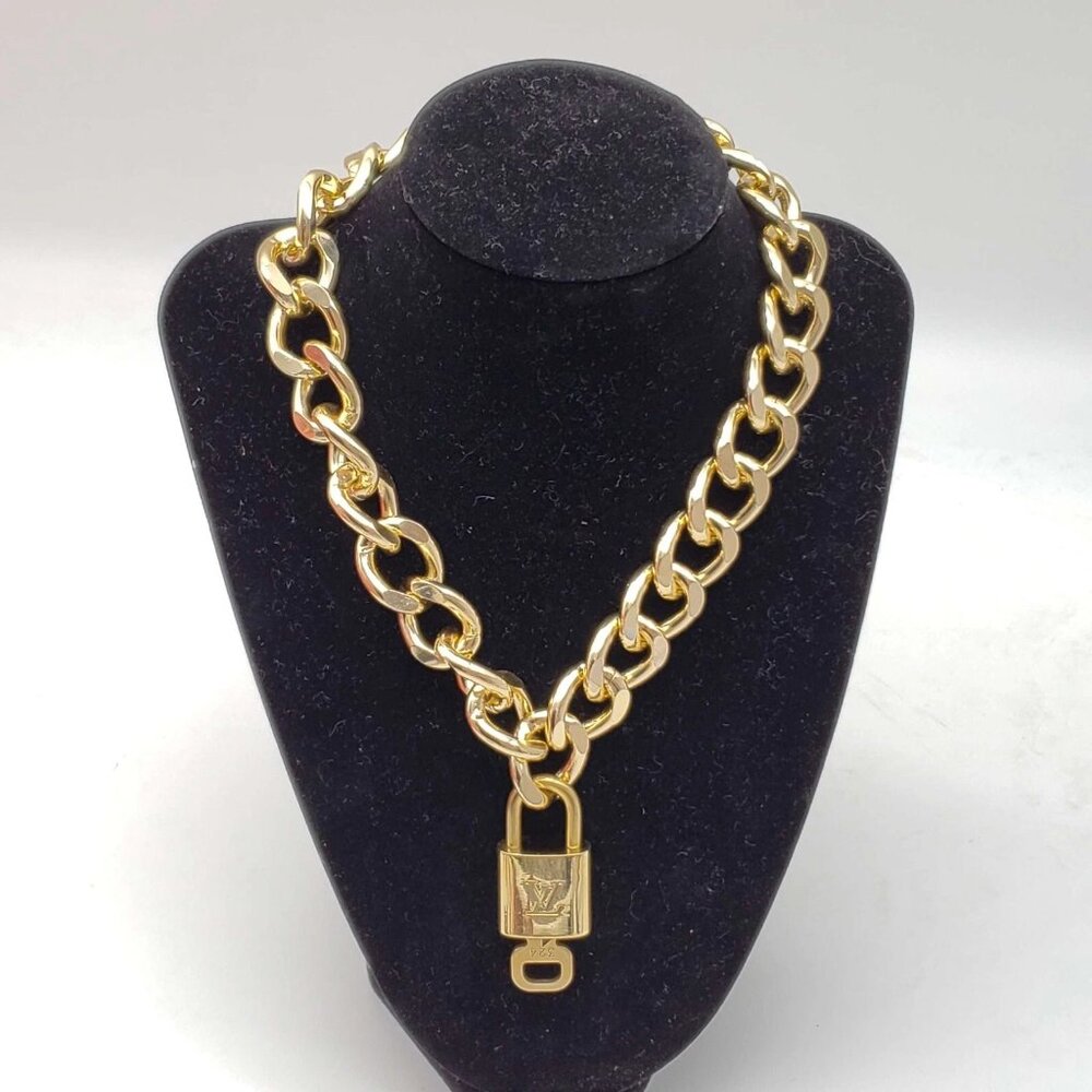 Authentic Louis Vuitton Lock & Key with Unbranded Cuban Style Gold Plated Chain